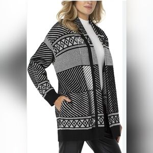 😊Liverpool Black White Geometric Abstract Open Front Cardigan Sweater Sz M